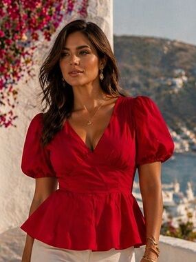 🩷Old Navy Bright Red Peplum Puff Sleeve Top